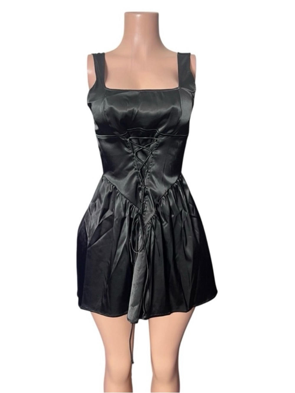 Black Satin Corset Lace-Up Mini Dress
